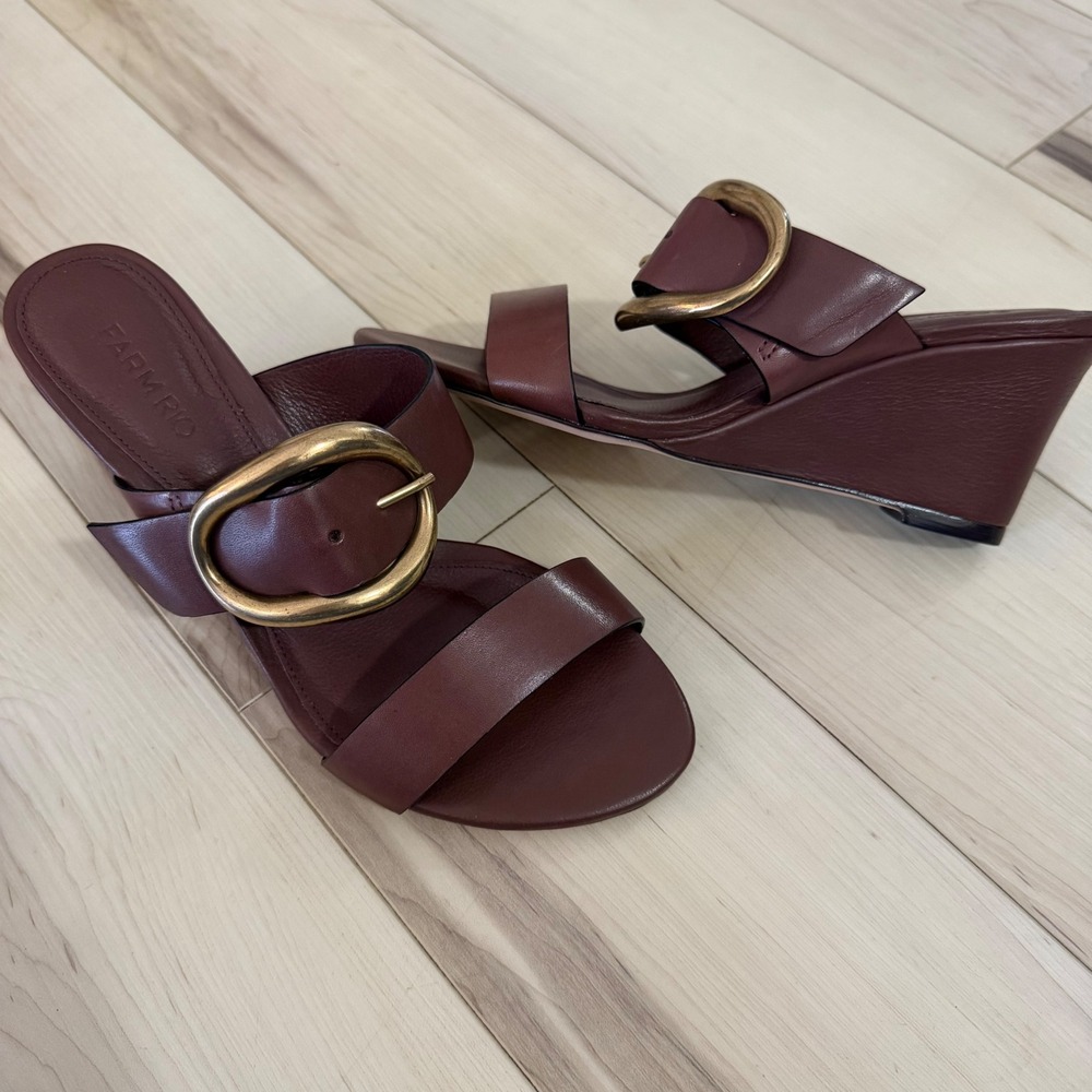 FARM Rio Brown Leather Wedge Sandals with Gold Buckle